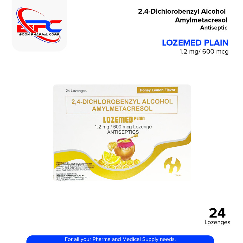 LOZEMED Plain 2,-4 Dichlorobenzyl Alcohol Amylmetacresol 1.2 mg / 600 mcg Lozenge Anticeptics Honey Lemon Flavor 24's