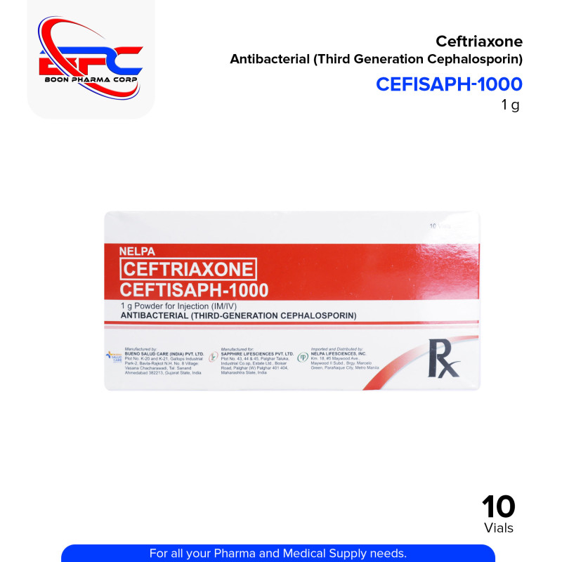 Ceftriaxone (Ceftisaph 1000) 1g Powder For Injection (IM/IV) Antibacterial Vial 10's