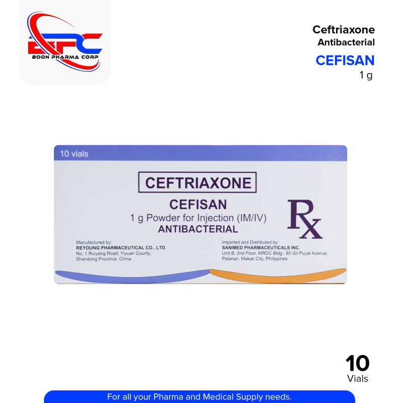 Ceftriaxone (Cefisan) 1g Powder For Injection (IM/IV) Antibacterial Vials 10's